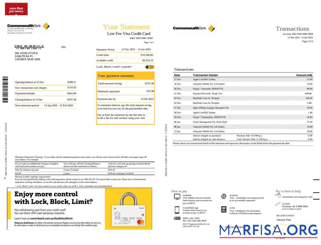 Printable Australia Commonwealth bank statement, 3 pages real example